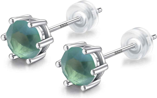 925 Sterling Silver,6.5mm Crystal Serial Earring Gemstone Stone, Stud with Gift Box,Men Women (Blue Jade)