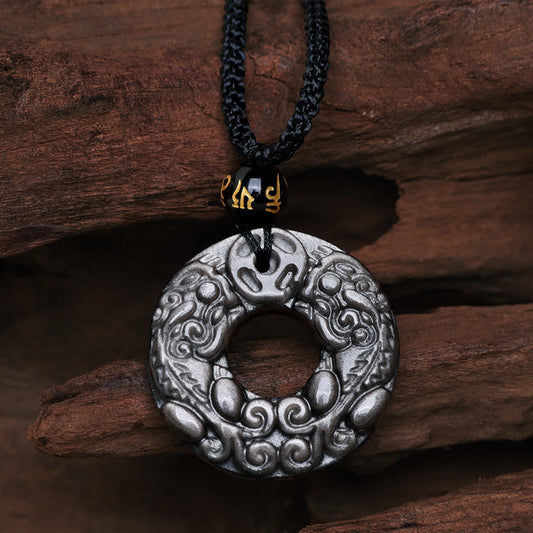 Spirituality Buddha Karma Natural Silver Sheen Obsidian Double PiXiu Copper Coin Peace Buckle Protection Necklace Pendant