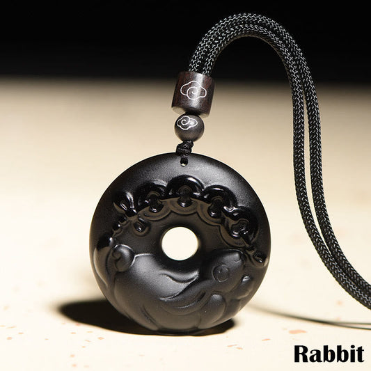 Spirituality Buddha Karma Chinese Zodiac Natural Black Obsidian Peace Buckle Strength Necklace Pendant