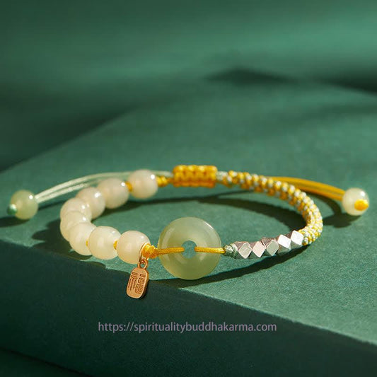 Jade  925 Sterling Silver Hetian Jade Peace Buckle Beaded Luck Happiness Charm Bracelet