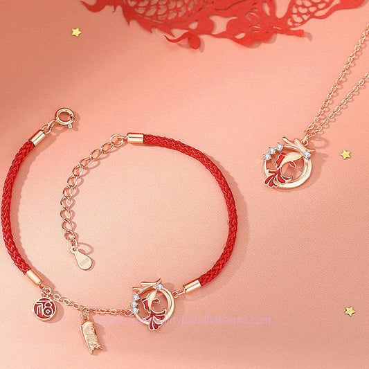 Ancient Tibetan Buddhist Red String Tradition  925 Sterling Silver Year Of The Dragon Koi Fish Fu Character Luck Necklace Pendant Bracelet