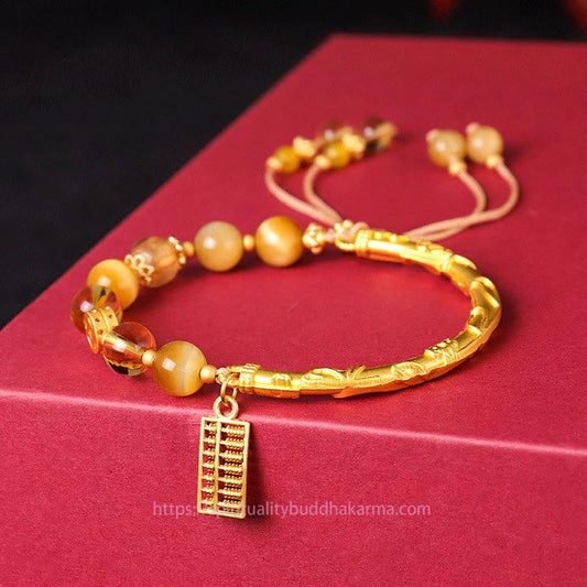 Golden Energy Citrine Natural Tiger Eye Wealth Solar Plexus Chakra (Third Chakra) Abacus Charm Protection Bracelet