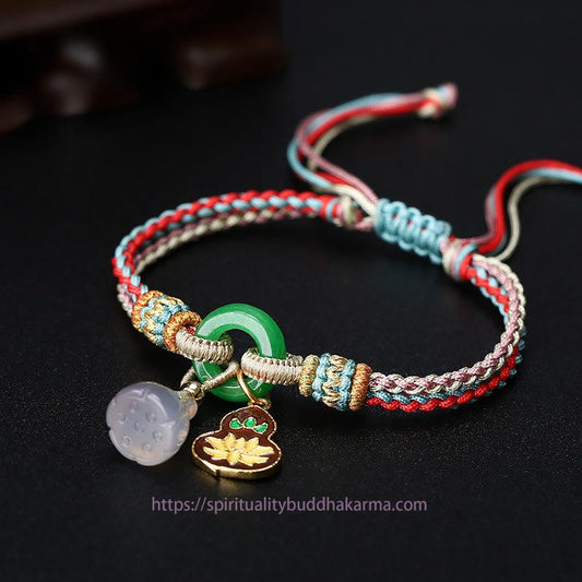 Jade  Colorful Rope Chalcedony Lotus Jade Peace Buckle Harmony Gourd Charm Bracelet