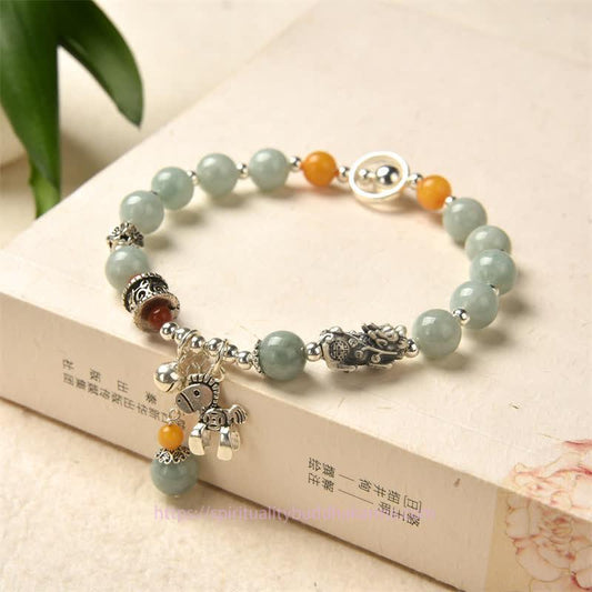 Jade  925 Sterling Silver Natural Jade Amber PiXiu Pony Success Bracelet