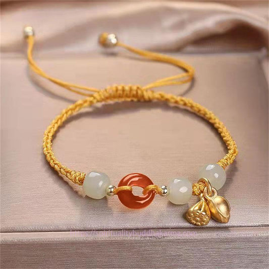 Ancient Tibetan Buddhist Red String Tradition  Red Agate Peace Buckle Jade Lotus Healing Braided Bracelet