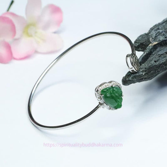 Spirituality 925 Sterling Silver Laughing Buddha Jade Luck Bracelet Bangle