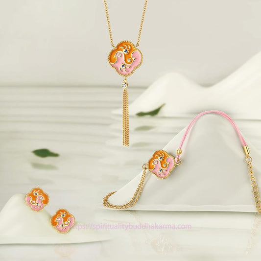 Tibetan Knot Protection 18K Gold Plated Copper Two Birds Zircon Healing Necklace Pendant Bracelet Earrings Set