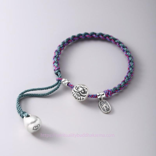 Ancient Tibetan Buddhist Red String Tradition  999 Sterling Silver Tibet Bodhidharma Lucky Fortune Fu Character Handmade Luck Braided Bracelet