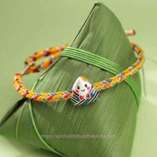 Ancient Tibetan Buddhist Red String Tradition  925 Sterling Silver Dragon Boat Festival Zongzi Pattern Luck Handmade Multicolored Rope Child Adult Bracelet