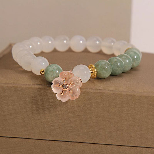 Spirituality Buddha Karmat White Agate Jade Flower Charm Luck Protection Bracelet