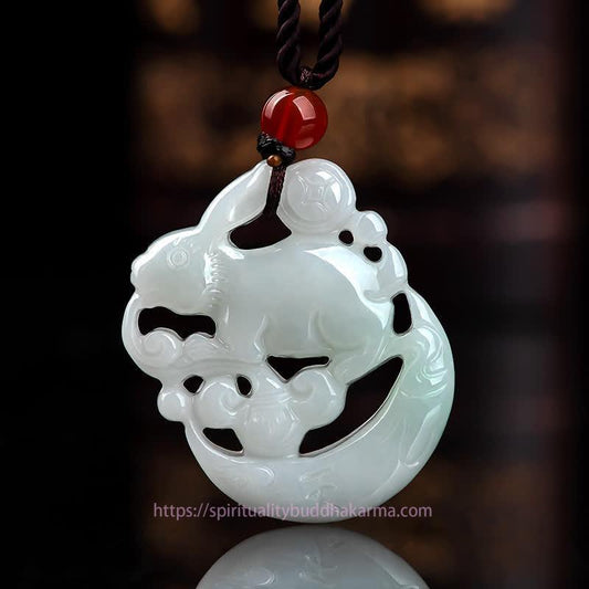 Jade  Year of the Rabbit White Jade Crescent Moon Protection Necklace Pendant