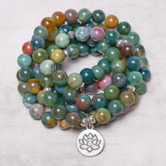 Spirituality 108 Mala Beads Indian Agate Lotus OM Buddha Tree of life Positive Calm Bracelet