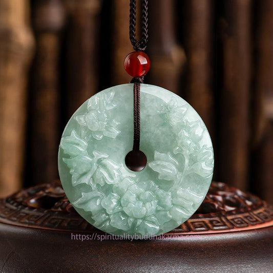 Jade  Round Jade Peace Buckle Peony Flower Abundance Necklace Pendant