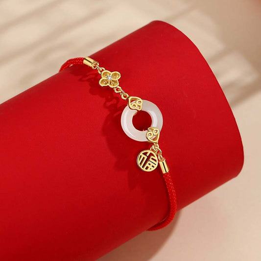 Ancient Tibetan Buddhist Red String Tradition  999 Sterling Silver Hetian Jade Peace Buckle Fu Character Luck Red Rope Bracelet