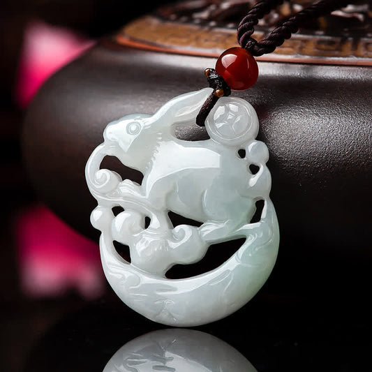 Jade  Year of the Rabbit White Jade Crescent Moon Protection Necklace Pendant