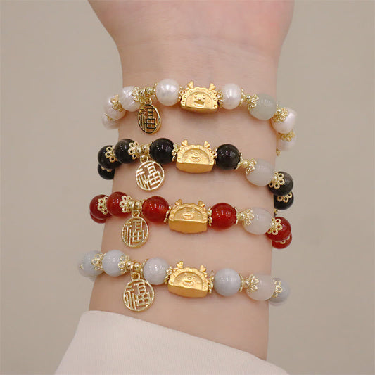 Jade  Year Of The Dragon Red Agate Strawberry Quartz Black Obsidian Jade Garnet Pearl Cinnabar Dumpling Dragon Luck Fu Character Bracelet