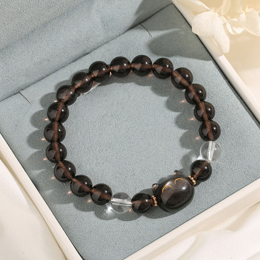 Spirituality Buddha Karma Natural Ice Obsidian Silver Sheen Obsidian Cute Cat Positive Bracelet