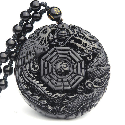 Spirituality Buddha Karma Bagua Dragon Phoenix Obsidian Fulfilment Pendant Necklace