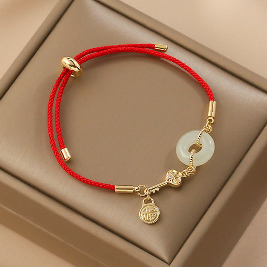 Ancient Tibetan Buddhist Red String Tradition  18K Gold Plated Hetian Jade Peace Buckle Fu Character Luck Red Rope Bracelet