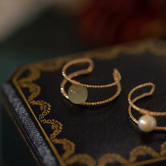 Jade  Round Jade Pearl Bead Double Layer Copper Luck Adjustable Ring