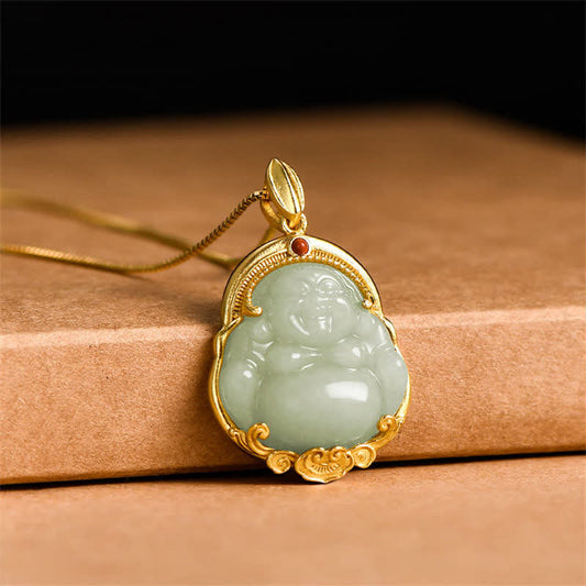 Buddha Energy Necklace 925 Sterling Silver Laughing Buddha Natural Hetian Jade Luck Prosperity Necklace Pendant