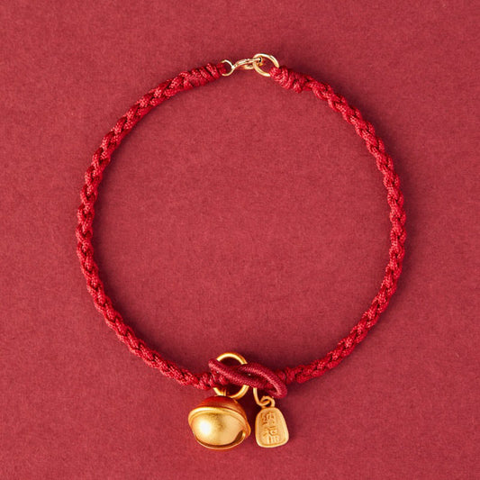 Ancient Tibetan Buddhist Red String Tradition  Handmade Fu Character Charm Luck Happiness Bell Red Rope Bracelet