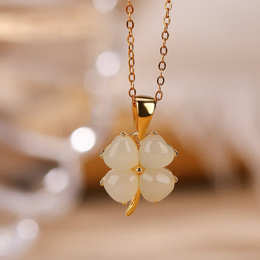 Jade  925 Sterling Silver Hetian White Jade Cyan Jade Luck Four Leaf Clover Happiness Necklace Pendant