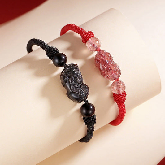 Ancient Tibetan Buddhist Red String Tradition  Handmade Natural Silver Sheen Obsidian Strawberry Quartz PiXiu Protection Braided Bracelet