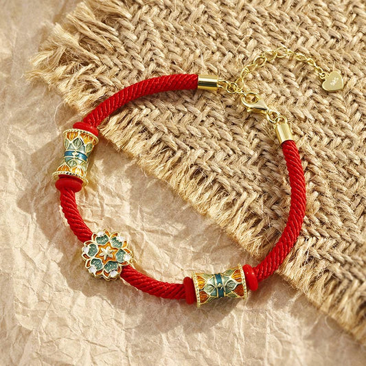 Ancient Tibetan Buddhist Red String Tradition  Dunhuang 925 Sterling Silver Lotus Drum New Beginning Red Rope Bracelet