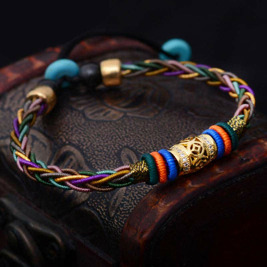 Ancient Tibetan Buddhist Red String Tradition  Tibetan Handmade Eight Thread Knot Copper Coin Luck Weave String Bracelet