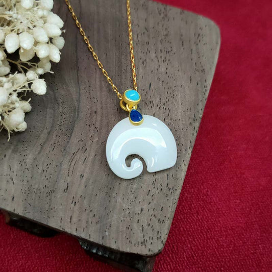 Jade  White Jade Elephant Luck Fortune Necklace Pendant