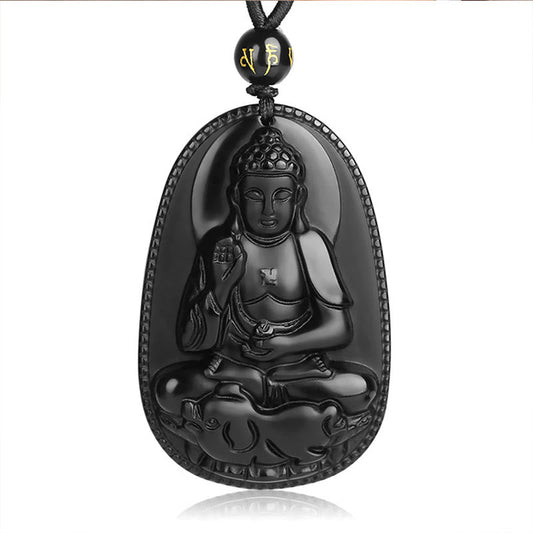 Spirituality Buddha Karma Chinese Zodiac Natal Buddha Natural Black Obsidian Purification Necklace Pendant