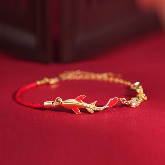 Ancient Tibetan Buddhist Red String Tradition  925 Sterling Silver Koi Fish Zircon Wealth Success Braided Chain Bracelet