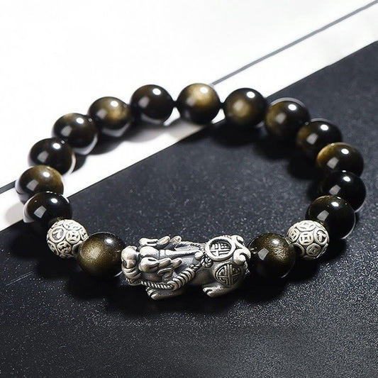Spirituality Buddha Karma 925 Sterling Silver Natural Gold Sheen Obsidian PiXiu Wealth Protection Bracelet