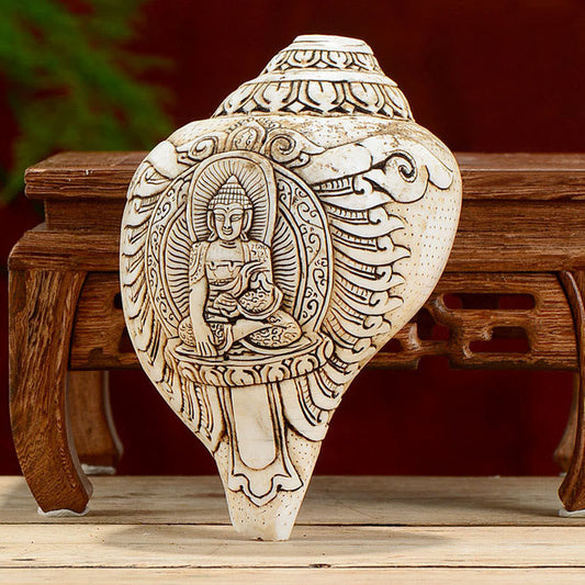 Spirituality Tibetan Handmade Engraved Shankha Buddha Avalokitesvara Conch Shell Wealth Decoration