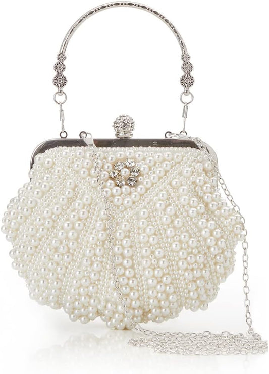 Women's Pearl Clutch Purse - Bucket Beaded Bridal Evening Bag with Inner Bag for Party Wedding