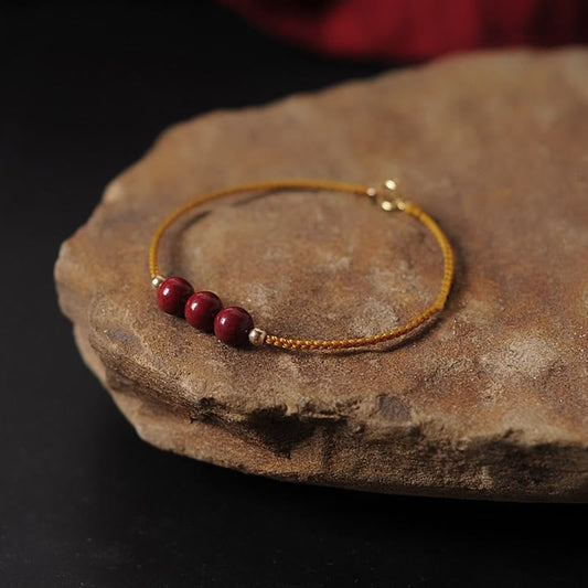Tibetan Knot Protection 14K Gold Plated Natural Cinnabar Blessing String Braided Bracelet