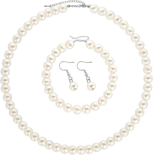 Pearl Necklace Earring Set - Faux Pearl Necklace for Women Costume Jewelry Bracelet Set for Brides