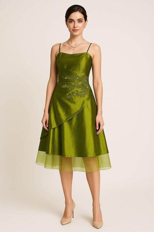 Elegant Green Taffeta Embroidered Evening Dress, Wedding Dress, Bridesmaid Dress, Formal Occasions with Organza Skirt, Adjustable Spaghetti Straps and Smocked Back Design
