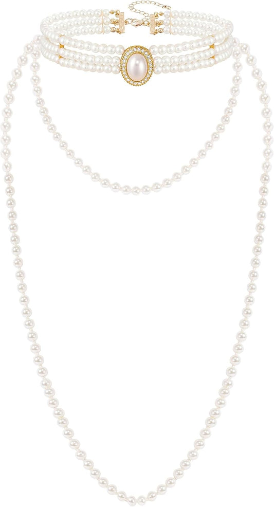 Long Pearl Choker Necklace - Faux Pearl Chain Necklace Pearl Jewelry Set for Women 20s Flapper Accessories