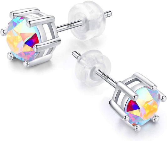 925 Sterling Silver,6.5mm CrystalSerial Earring Gemstone Stone, Stud with Gift Box,Men Women (062)