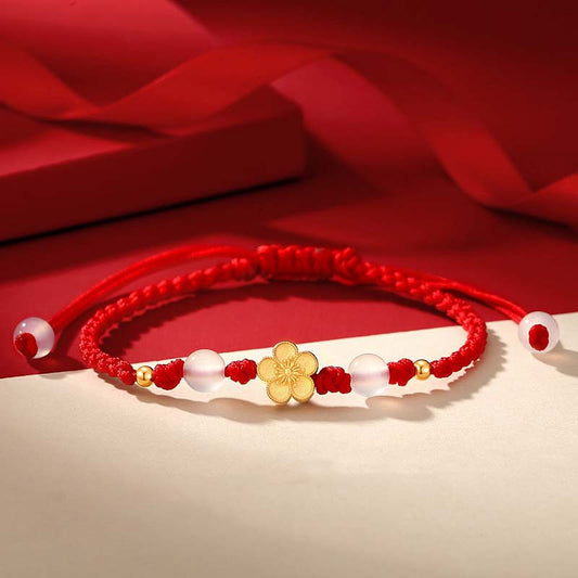 Ancient Tibetan Buddhist Red String Tradition  Handmade 925 Sterling Silver Peach Blossom Cherry Sakura Chalcedony Bead Luck Red Rope Bracelet