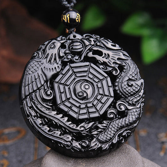 Spirituality Buddha Karma Bagua Dragon Phoenix Obsidian Fulfilment Pendant Necklace