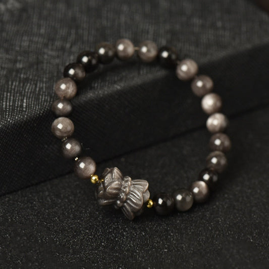 Spirituality Buddha Karma Silver Sheen Obsidian Lotus Flower Nine Tailed Fox Laughing Buddha Protection Bracelet