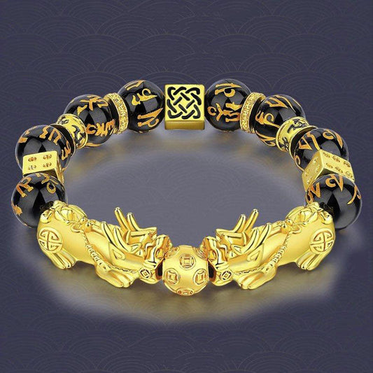 Spirituality Buddha Karma FengShui Double PiXiu Obsidian Om Mani Padme Hum Wealth Bracelet