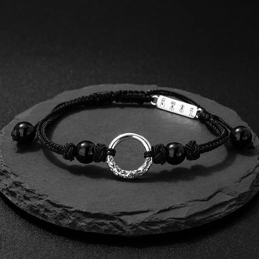 Ancient Tibetan Buddhist Red String Tradition  925 Sterling Silver Black Onyx Peace Buckle Protection Bracelet