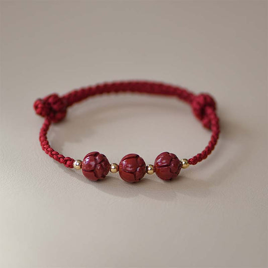 Ancient Tibetan Buddhist Red String Tradition  Cinnabar Jade Lotus Calm Red String Weave Bracelet