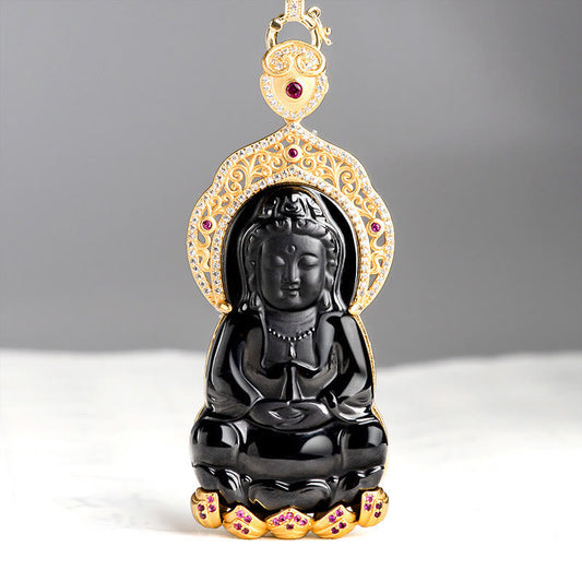 Buddha Energy Necklace 925 Sterling Silver Natural Black Jade Kwan Yin Avalokitesvara Wealth Necklace Pendant
