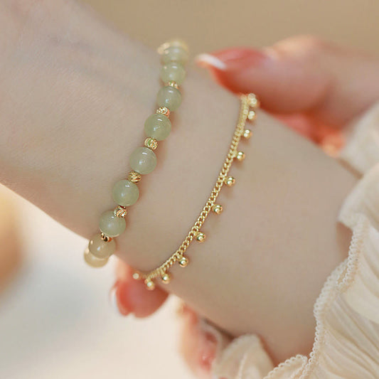 Jade  14K Gold Plated 2 Layers Hetian Jade Bead Luck Prosperity Bracelet