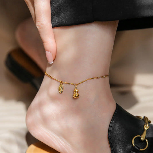 Spirituality Buddha Karma 18k Gold Lucky Gourd Design Wealth Buckle Anklet